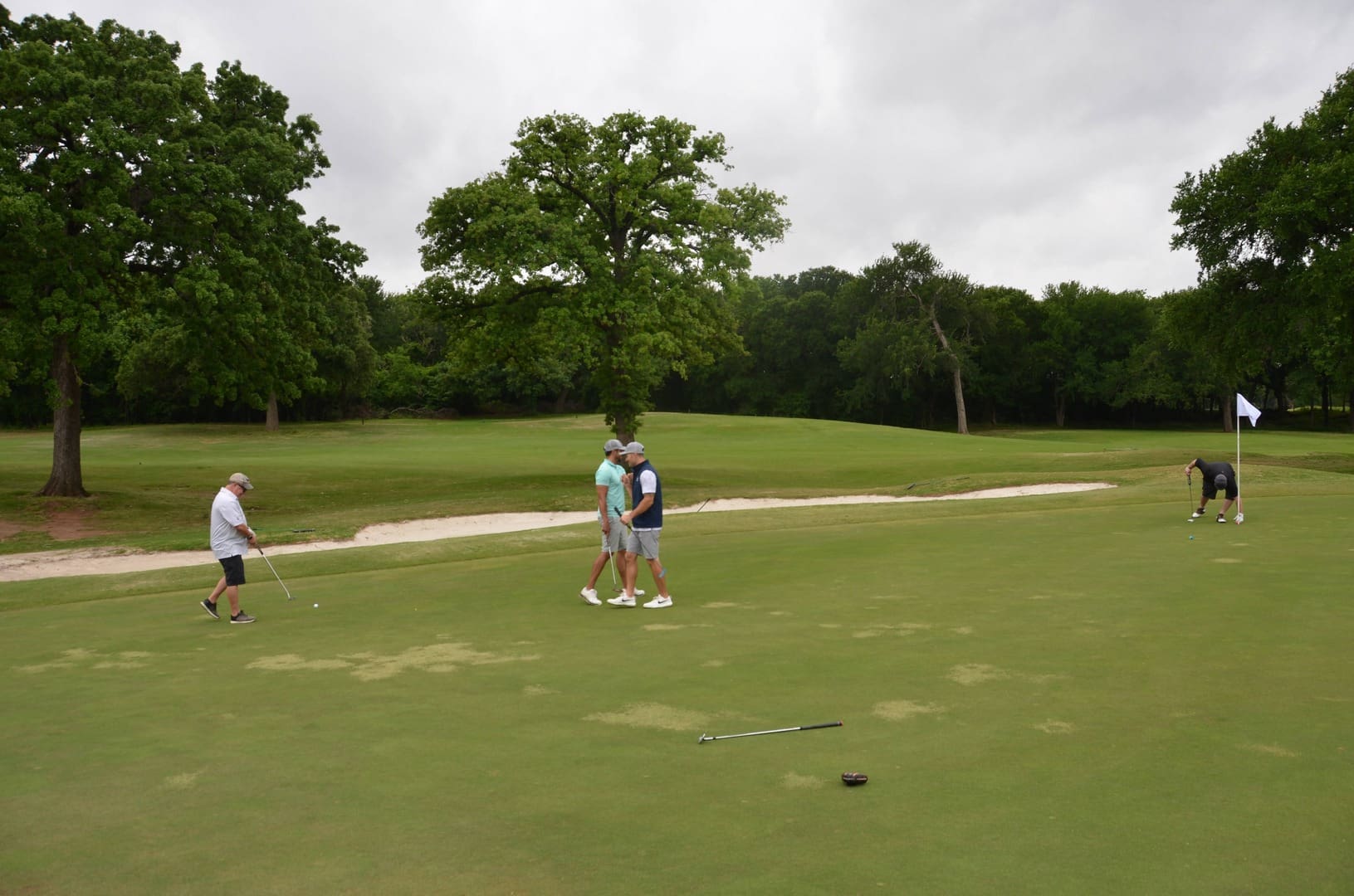 group of golfers on the field with trees and gray sky