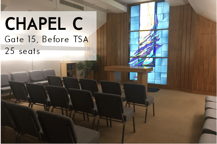 Chapel C with stained glass window and chairs.